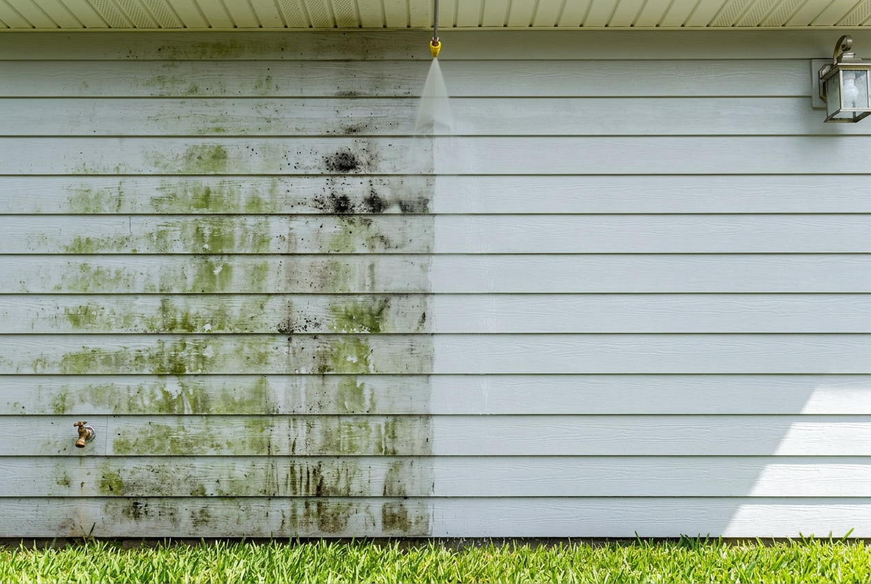 Before and after pressure washing green algae off house siding